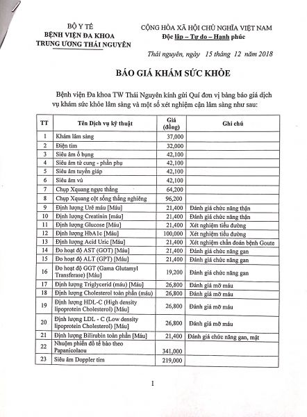 Báo giá khám sức khỏe bệnh viện Trung ương Thái Nguyên