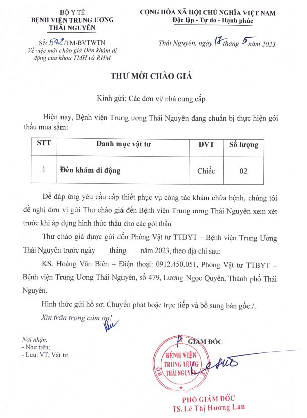 Thư mời chào giá Đèn khám di động