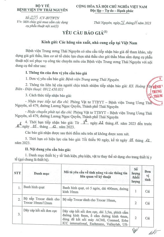 Yêu cầu báo giá mua sắm các dụng cụ phẫu thuật nội soi