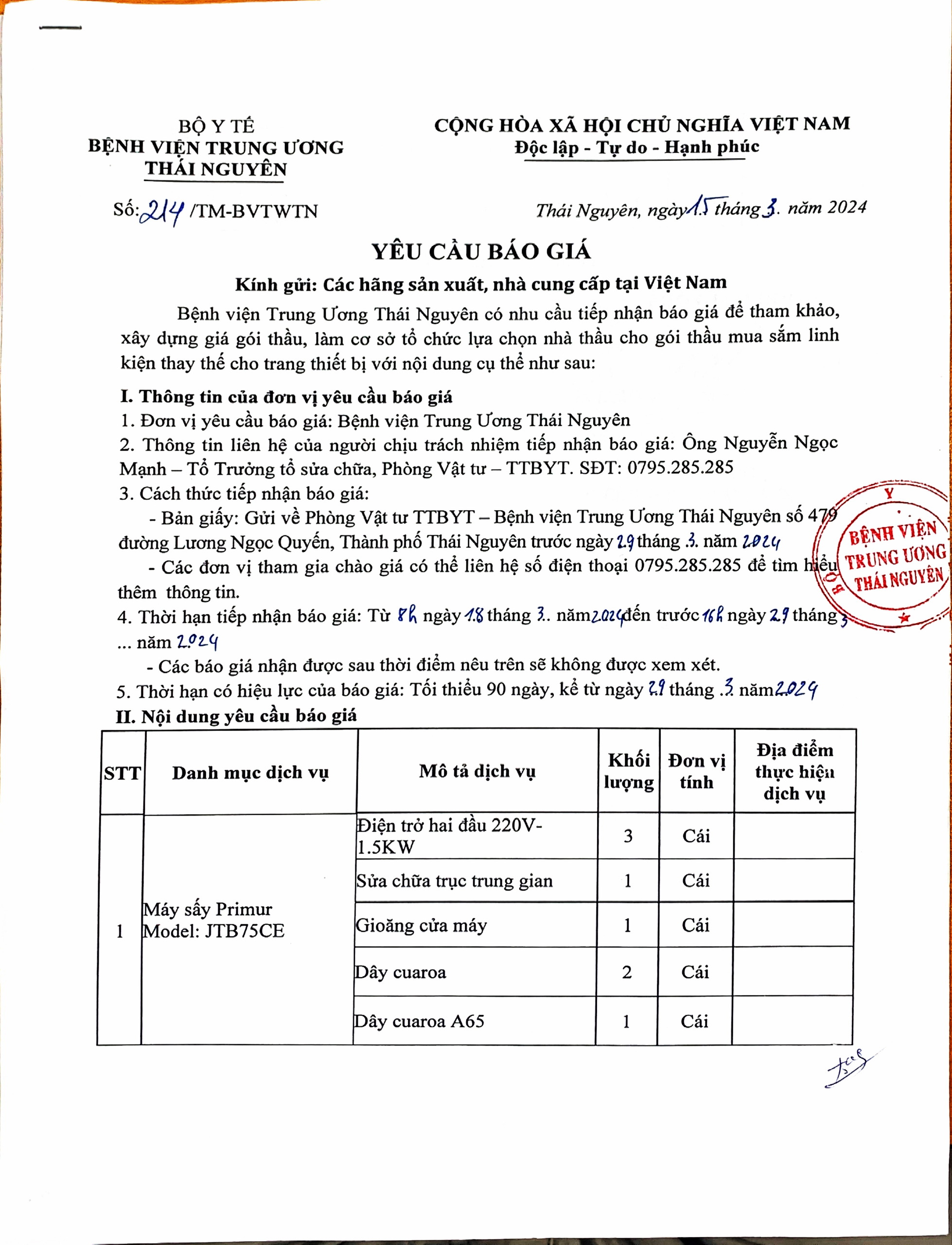 Yêu cầu báo giá mua sắm linh kiện thay thế Máy sấy Primur