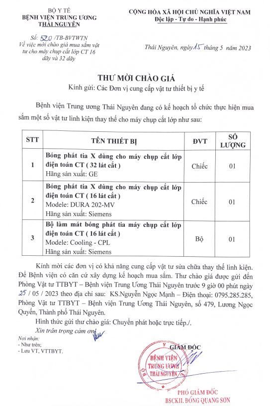 Thư mời chào giá vật tư linh kiện thay thế cho máy chụp cắt lớp CT 16 dãy và 32 dãy