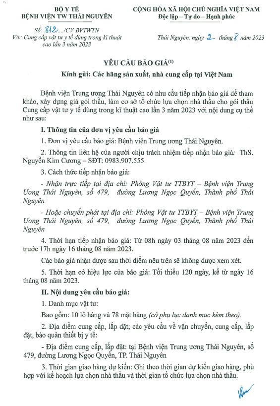 Yêu cầu báo giá vật tư y tế dùng trong kỹ thuật cao lần 3 năm 2023