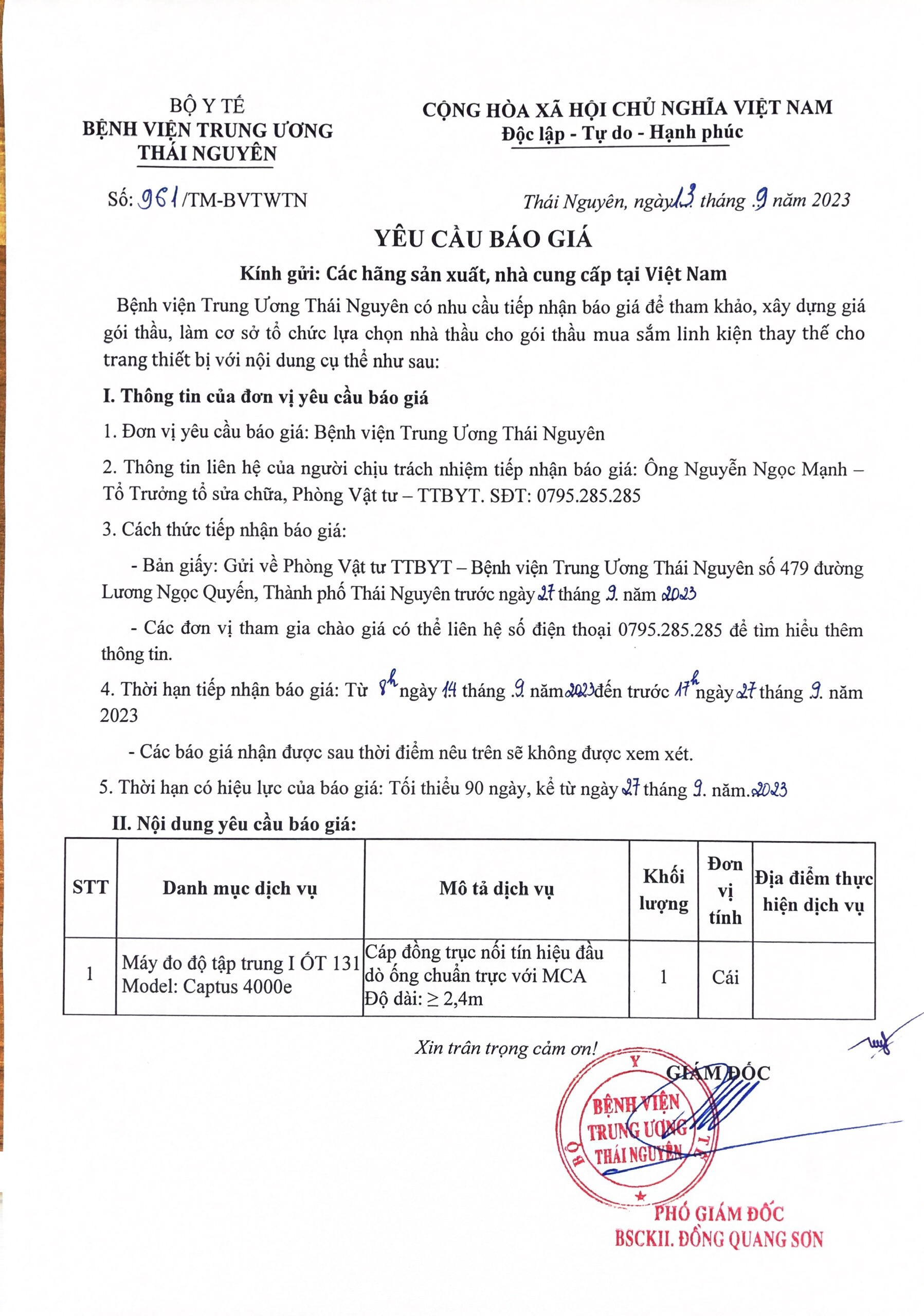 Yêu cầu báo giá sửa Máy đo độ tập trung I-ỐT 131