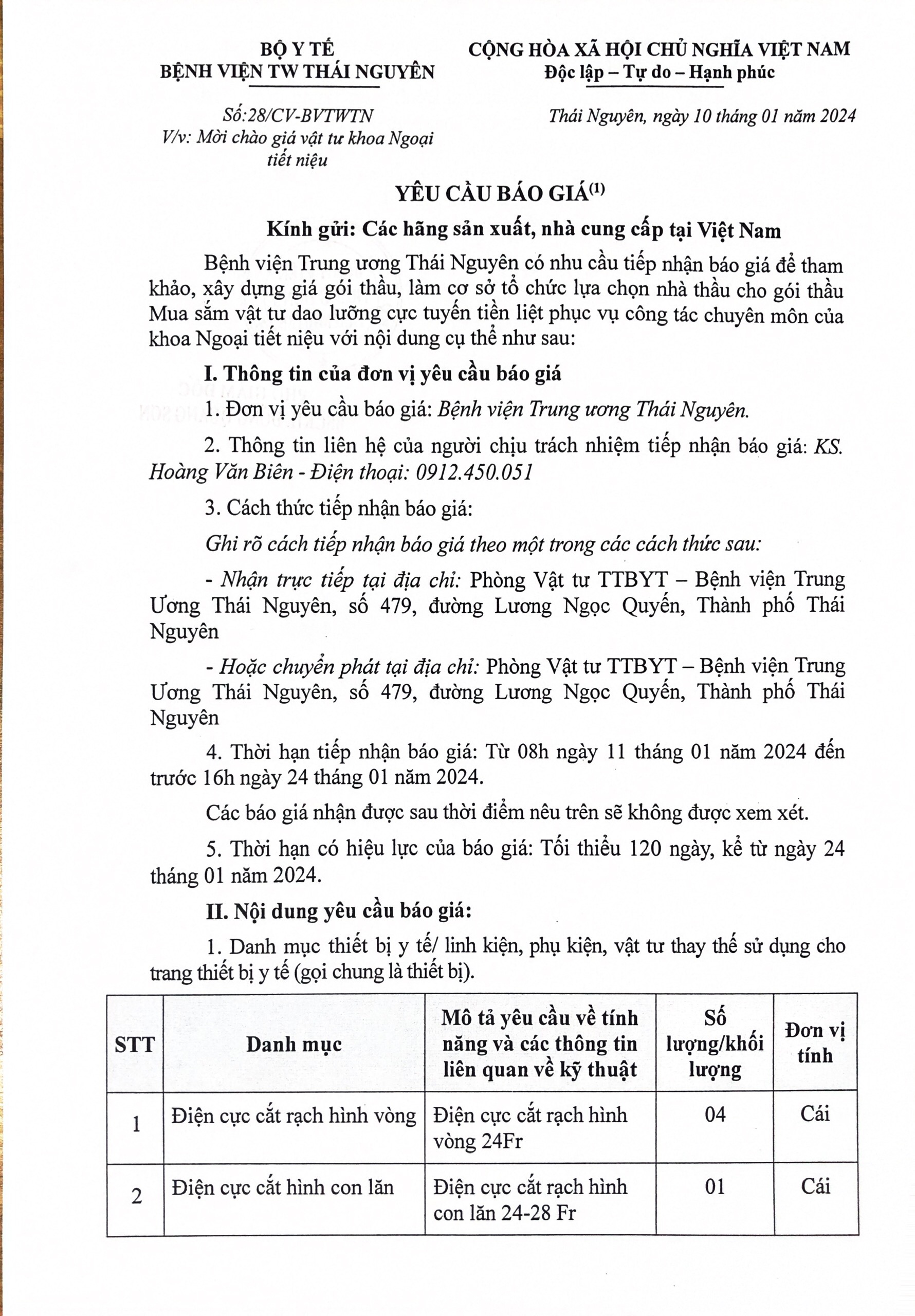 Yêu cầu báo giá vật tư khoa Ngoại tiết niệu