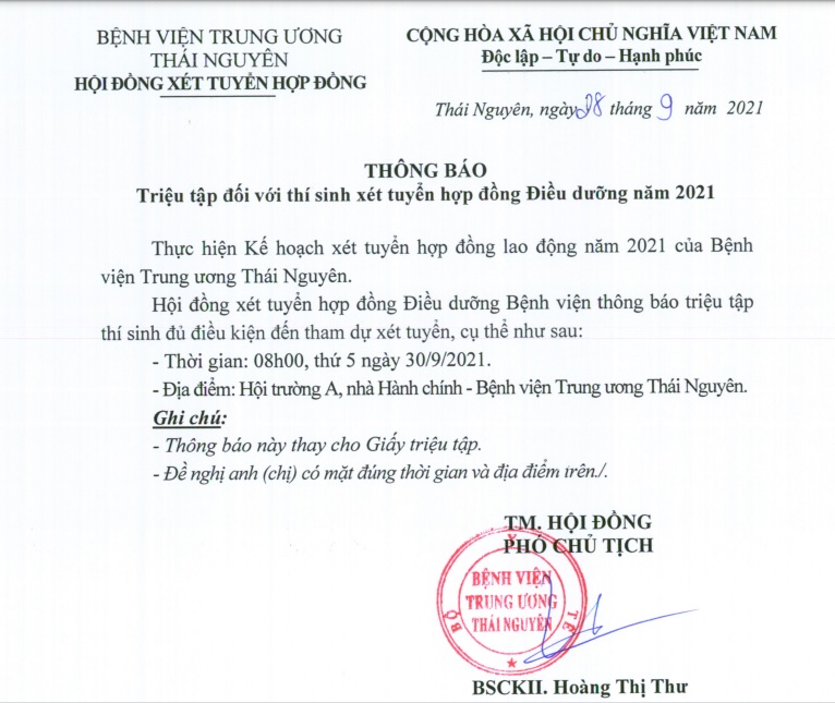 Thông báo triệu tập đối với thí sinh xét tuyển hợp đồng Điều dưỡng năm 2021