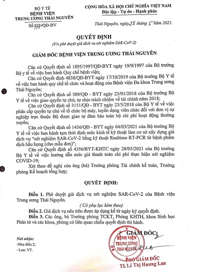 THÔNG BÁO GIÁ DỊCH VỤ XÉT NGHIỆM SARS - CoV -2 BẰNG PHƯƠNG PHÁP REALTIME - PCR