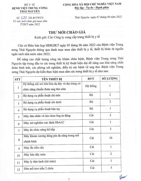 Thư mời về việc mời chào giá gói thầu sửa chữa thay thế linh kiện và mời chào giá mua sắm TTBYT năm 2022