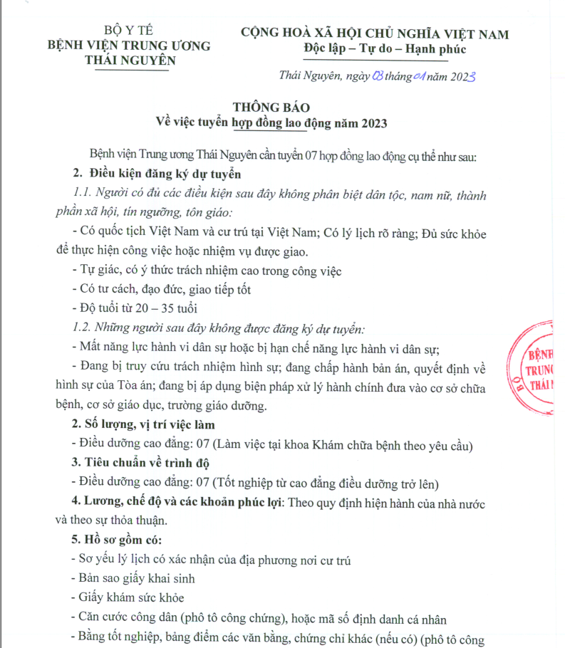 THÔNG BÁO: Về việc tuyển hợp đồng lao động năm 2023