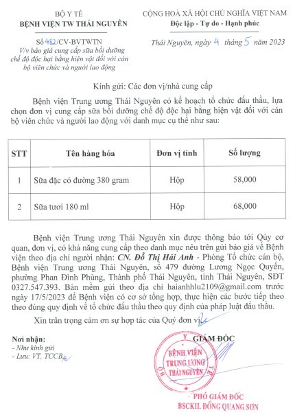 Thư mời chào giá cung cấp sữa bồi dưỡng chế độ độc hại bằng hiện vật đối với CBVC bệnh viện