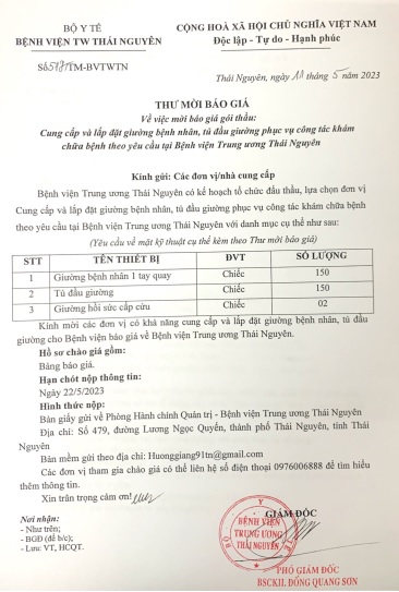 Thư mời chào giá gói thầu: Cung cấp và lắp đặt giường bệnh nhân,tủ đầu giường phục vụ công tác khám chữa bệnh theo yêu cầu tại Siêu nổ hũ
