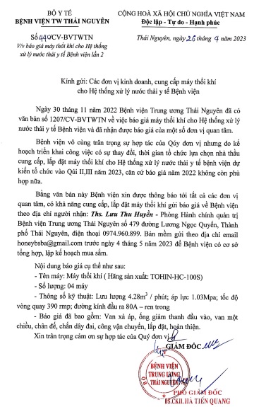 Thư mời chào giá máy thổi khí cho Hệ thống nước thải y tế Bệnh viện lần 2