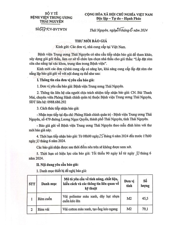 Thư mời chào giá gói thầu lắp đặt rèm cửa che nắng tại các Khoa, trung tâm trong Bệnh viện